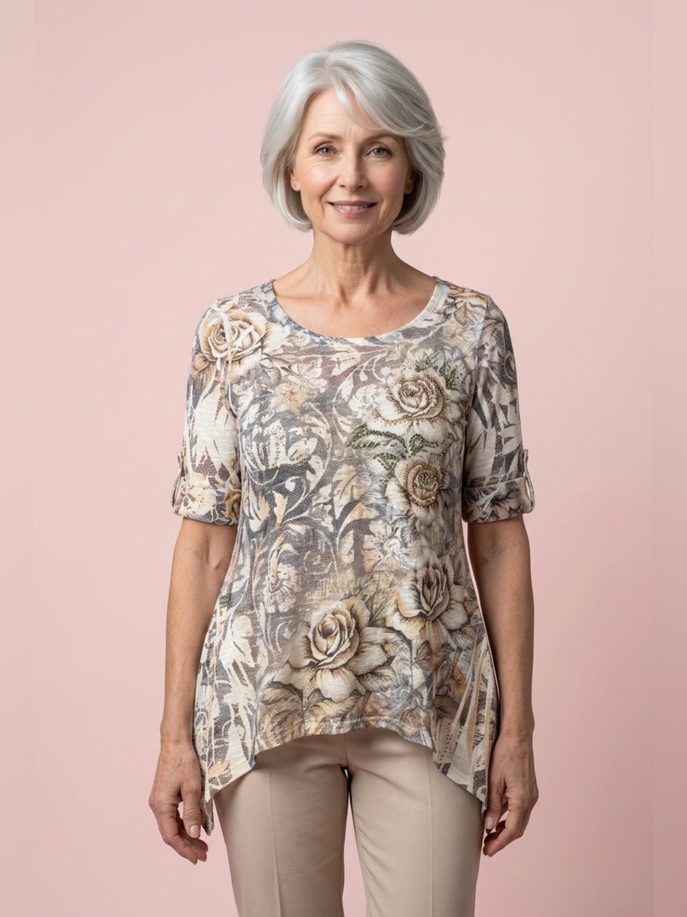 Code Vintage Lightweight Floral Scoop-Neck 3/4 Sleeve Tunic Beige Gray Sz S/M